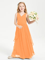 Boho Sleeveless Chiffon Junior Bridesmaid Dresses V-neck Orange