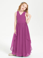 Boho Sleeveless Chiffon Junior Bridesmaid Dresses V-neck Orchid