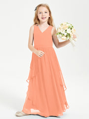 Boho Sleeveless Chiffon Junior Bridesmaid Dresses V-neck Papaya