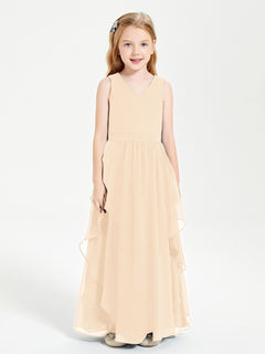 Boho Sleeveless Chiffon Junior Bridesmaid Dresses V-neck Peach