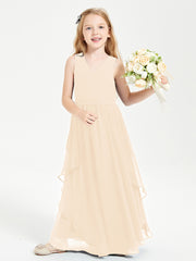 Boho Sleeveless Chiffon Junior Bridesmaid Dresses V-neck Peach