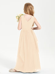 Boho Sleeveless Chiffon Junior Bridesmaid Dresses V-neck Peach