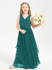 Boho Sleeveless Chiffon Junior Bridesmaid Dresses V-neck Peacock