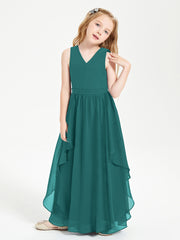 Boho Sleeveless Chiffon Junior Bridesmaid Dresses V-neck Peacock