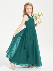 Boho Sleeveless Chiffon Junior Bridesmaid Dresses V-neck Peacock
