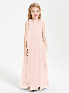 Boho Sleeveless Chiffon Junior Bridesmaid Dresses V-neck Pearl Pink