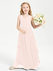 Boho Sleeveless Chiffon Junior Bridesmaid Dresses V-neck Pearl Pink