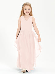 Boho Sleeveless Chiffon Junior Bridesmaid Dresses V-neck Pearl Pink