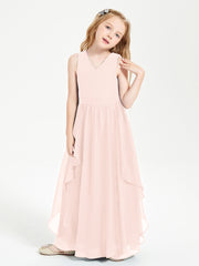 Boho Sleeveless Chiffon Junior Bridesmaid Dresses V-neck Pearl Pink