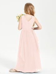 Boho Sleeveless Chiffon Junior Bridesmaid Dresses V-neck Pearl Pink