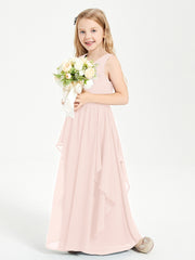 Boho Sleeveless Chiffon Junior Bridesmaid Dresses V-neck Pearl Pink