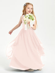 Boho Sleeveless Chiffon Junior Bridesmaid Dresses V-neck Pearl Pink