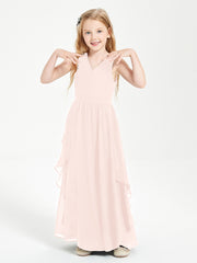 Boho Sleeveless Chiffon Junior Bridesmaid Dresses V-neck Pearl Pink