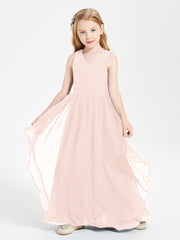 Boho Sleeveless Chiffon Junior Bridesmaid Dresses V-neck Pearl Pink