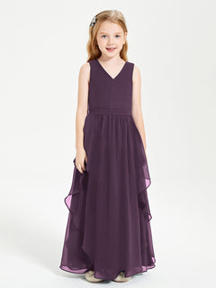 Boho Sleeveless Chiffon Junior Bridesmaid Dresses V-neck Plum