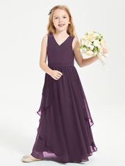 Boho Sleeveless Chiffon Junior Bridesmaid Dresses V-neck Plum