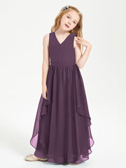 Boho Sleeveless Chiffon Junior Bridesmaid Dresses V-neck Plum