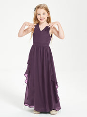 Boho Sleeveless Chiffon Junior Bridesmaid Dresses V-neck Plum