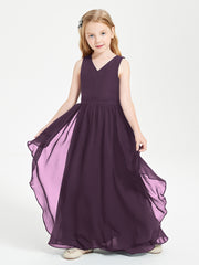 Boho Sleeveless Chiffon Junior Bridesmaid Dresses V-neck Plum