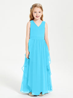 Boho Sleeveless Chiffon Junior Bridesmaid Dresses V-neck Pool