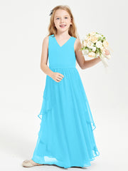 Boho Sleeveless Chiffon Junior Bridesmaid Dresses V-neck Pool