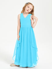 Boho Sleeveless Chiffon Junior Bridesmaid Dresses V-neck Pool