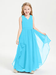 Boho Sleeveless Chiffon Junior Bridesmaid Dresses V-neck Pool