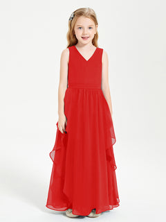 Boho Sleeveless Chiffon Junior Bridesmaid Dresses V-neck Red