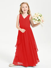 Boho Sleeveless Chiffon Junior Bridesmaid Dresses V-neck Red