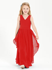 Boho Sleeveless Chiffon Junior Bridesmaid Dresses V-neck Red