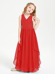 Boho Sleeveless Chiffon Junior Bridesmaid Dresses V-neck Red