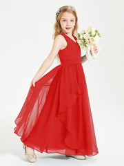 Boho Sleeveless Chiffon Junior Bridesmaid Dresses V-neck Red