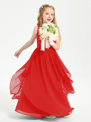 Boho Sleeveless Chiffon Junior Bridesmaid Dresses V-neck Red