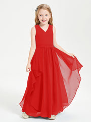 Boho Sleeveless Chiffon Junior Bridesmaid Dresses V-neck Red