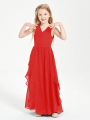 Boho Sleeveless Chiffon Junior Bridesmaid Dresses V-neck Red