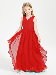 Boho Sleeveless Chiffon Junior Bridesmaid Dresses V-neck Red