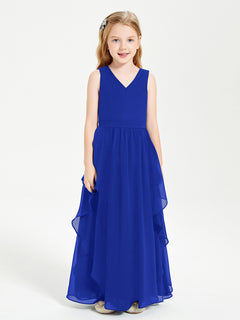 Boho Sleeveless Chiffon Junior Bridesmaid Dresses V-neck Royal Blue