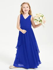 Boho Sleeveless Chiffon Junior Bridesmaid Dresses V-neck Royal Blue