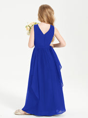 Boho Sleeveless Chiffon Junior Bridesmaid Dresses V-neck Royal Blue