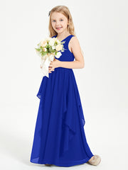 Boho Sleeveless Chiffon Junior Bridesmaid Dresses V-neck Royal Blue