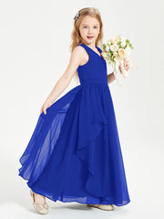 Boho Sleeveless Chiffon Junior Bridesmaid Dresses V-neck Royal Blue