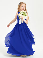 Boho Sleeveless Chiffon Junior Bridesmaid Dresses V-neck Royal Blue
