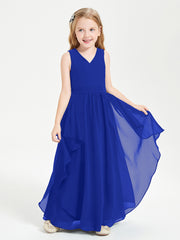 Boho Sleeveless Chiffon Junior Bridesmaid Dresses V-neck Royal Blue