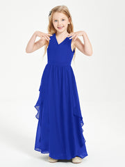 Boho Sleeveless Chiffon Junior Bridesmaid Dresses V-neck Royal Blue