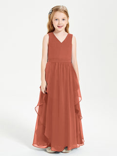 Boho Sleeveless Chiffon Junior Bridesmaid Dresses V-neck Rust