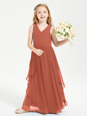 Boho Sleeveless Chiffon Junior Bridesmaid Dresses V-neck Rust