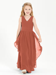 Boho Sleeveless Chiffon Junior Bridesmaid Dresses V-neck Rust