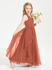 Boho Sleeveless Chiffon Junior Bridesmaid Dresses V-neck Rust