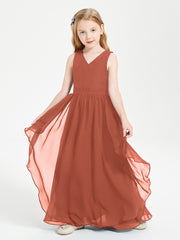Boho Sleeveless Chiffon Junior Bridesmaid Dresses V-neck Rust