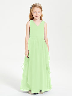 Boho Sleeveless Chiffon Junior Bridesmaid Dresses V-neck Sage